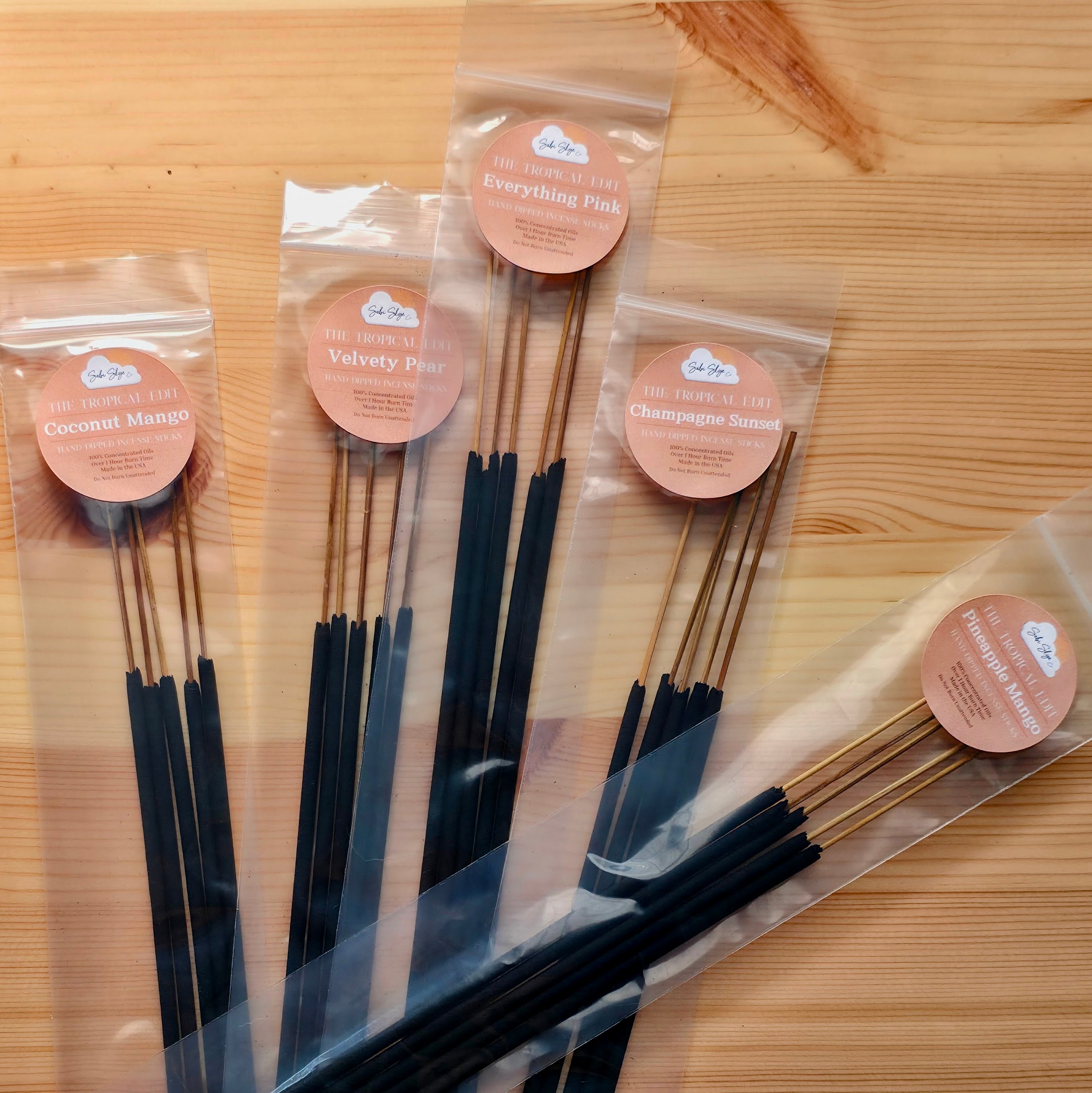Variety pack of 25 incense sticks in five scents including Champagne Sunset, Coconut Mango, Pineapple Mango, Everything Pink and Velvety Pear.